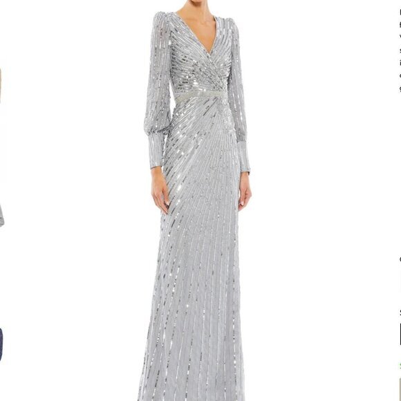 Mac Duggal Silver Sequin Long Sleeve V Neck Elegant Evening Gown Black Tie‎ 10 - Picture 2 of 14